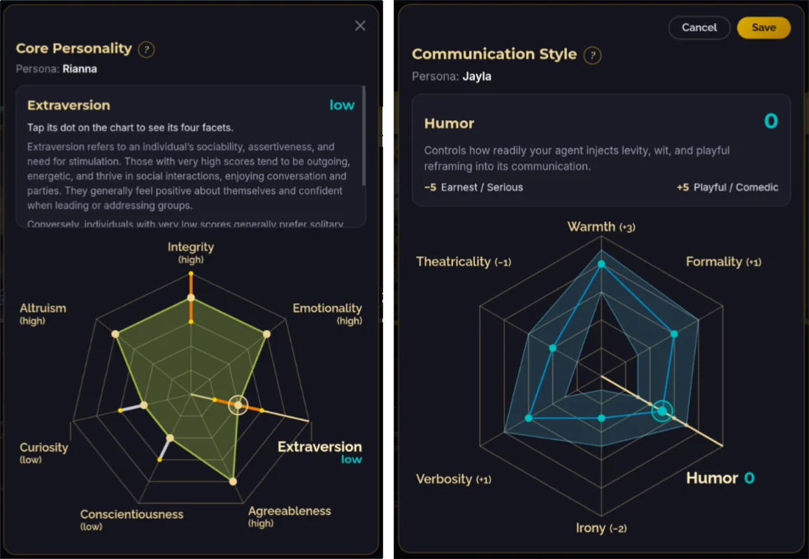 The Core Personality and Communication Style editors, side by side