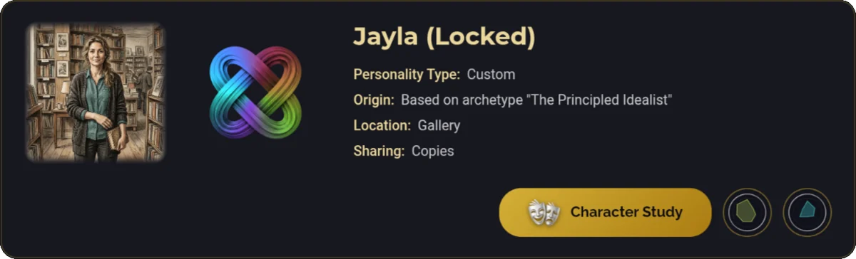 A locked persona with its portrait, its sigil and its Character Study