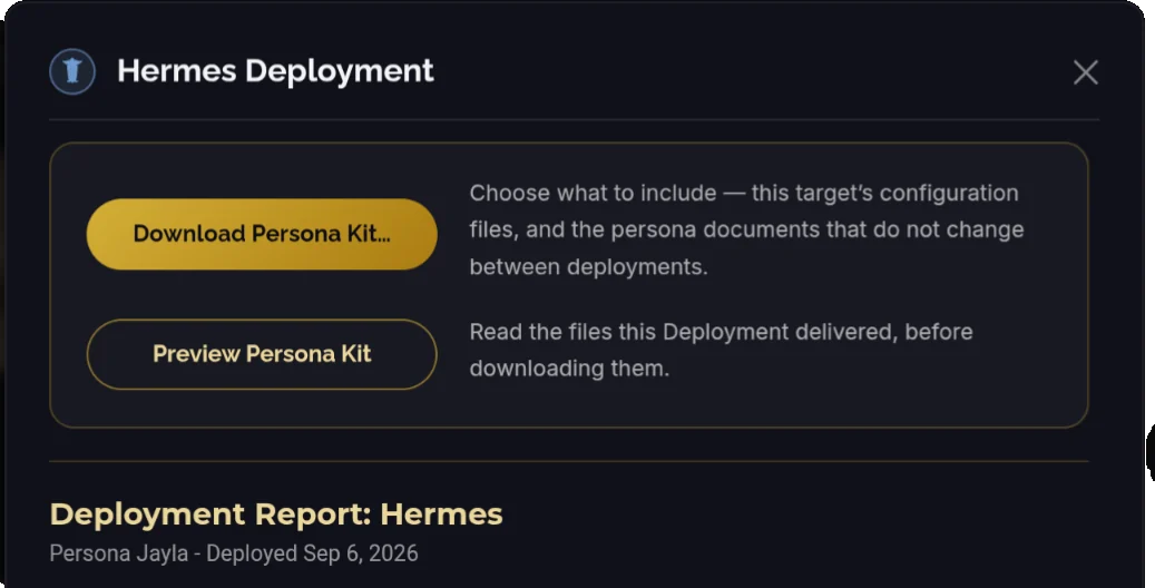 A Deployment window: Download Persona Kit, Preview Persona Kit and the Deployment Report